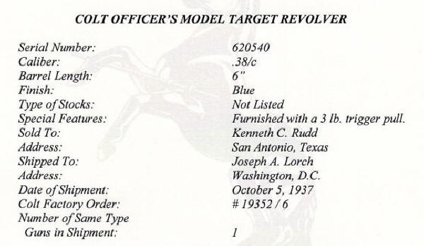 Colt Officers' Model Target .38 (1937) heavy 6 in. bbl. enlargved factory letter