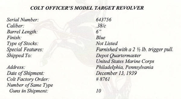 Colt Officers' Model Target .38 (1939) heavy 6 in. bbl. enlarged factory letter