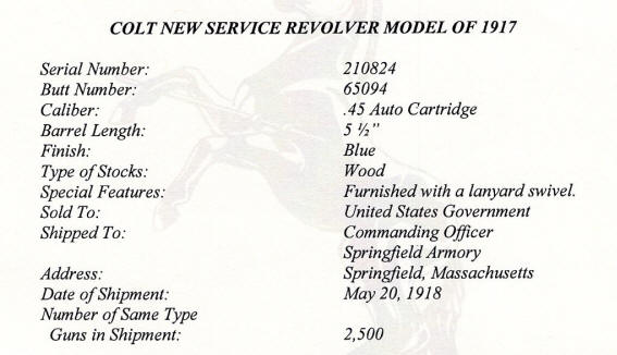 Colt Model 1917, U.S. Army issue .45 ACP (1918) enlarged factory letter